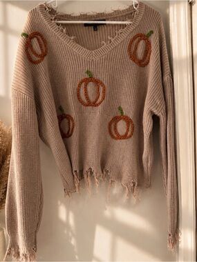 Simply Southern Beige V-Neck Pumpkin Embroidered Sweater